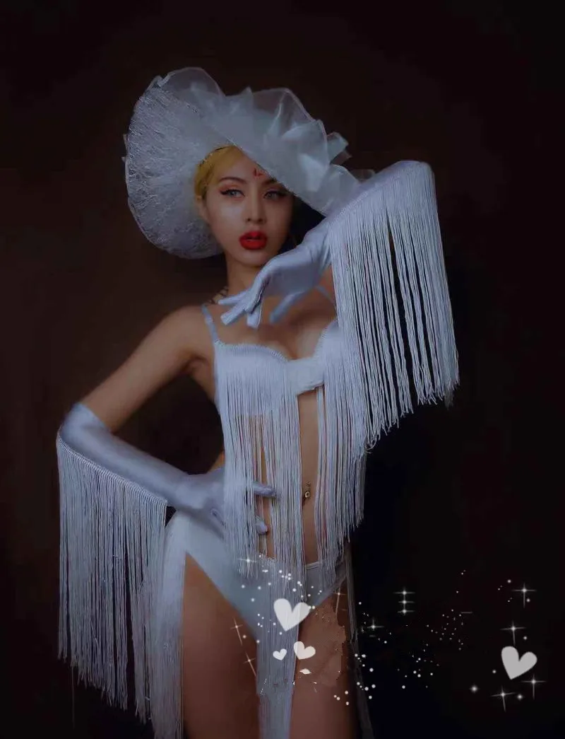 Bar Nightclub Sexy Gogo Dance Costume Red White Lace Hat Tassel Bikini Rave Festival Outfit DJ Dancer Team Performance Clothing