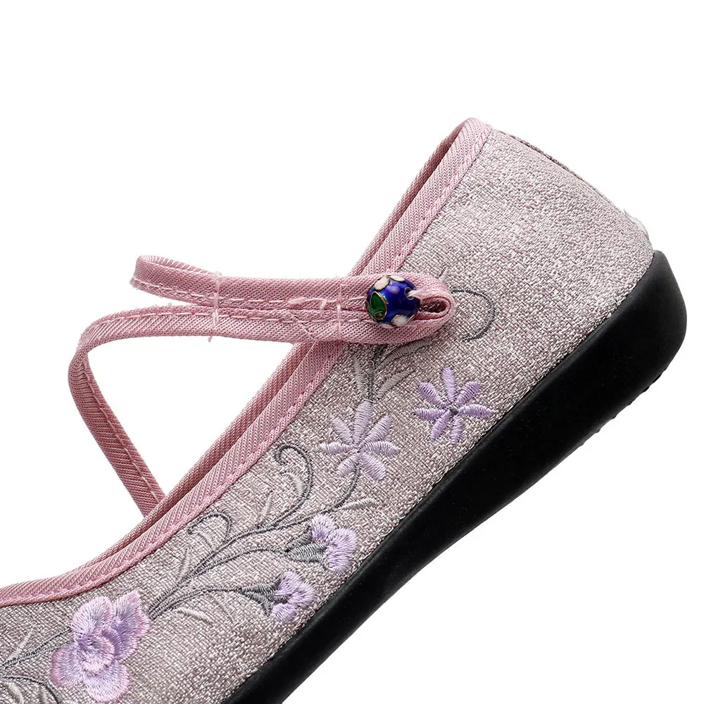 Veowalk Chinese Vintage Flower Embroidered Women Cotton Ballet Flats Triangle Buckles Ladies Soft Foldable Comfort Shoes