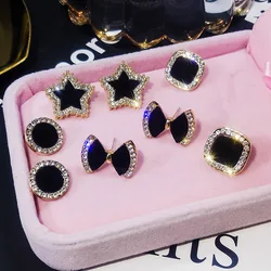 Black Geometric Ear Nail Five-pointed Star Square Full Of Shining Zircon Personality Temperament Female Simple Fashion Earrings