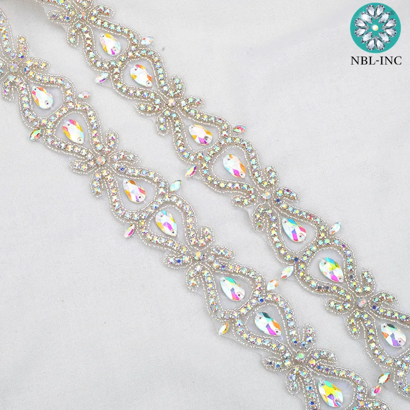 (10 yards )Bridal beaded gold AB crystal Rhinestone Applique Trim iron on for wedding dress rhinestone applique belt WDD0942