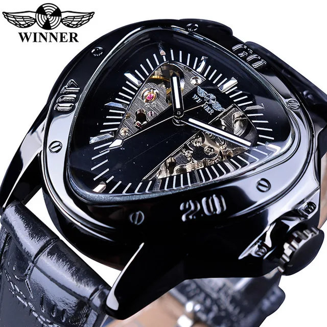 Winner Brand Hollow Automatic Mechanical Men Watch Racing Sports Design Triangle Dial Skeleton Wristwatch Luxury Golden Black