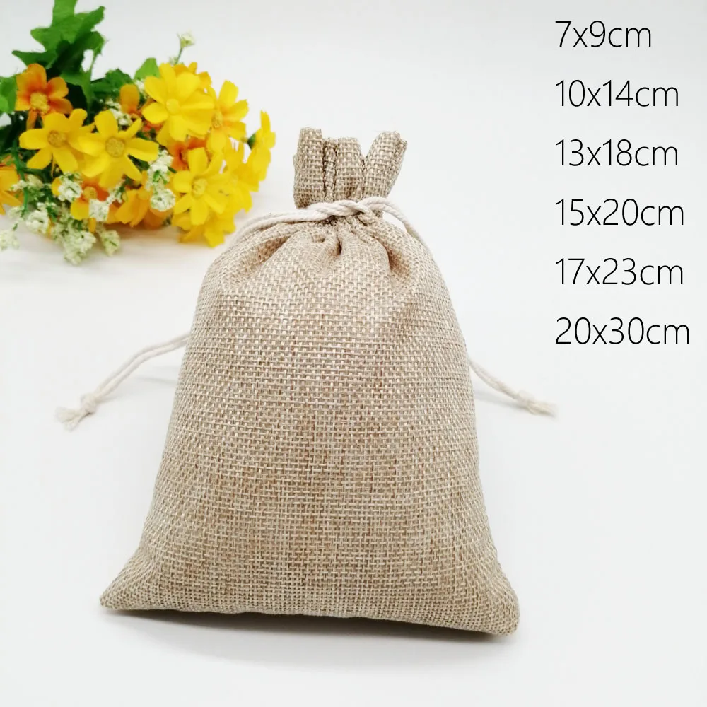 100pcs/lot 7x9 15x20cm Vintage Natural Burlap Linen Jute Gift Bag Jute Gift Packaging Bag Drawstring Gift Bags Wedding Candy Bag