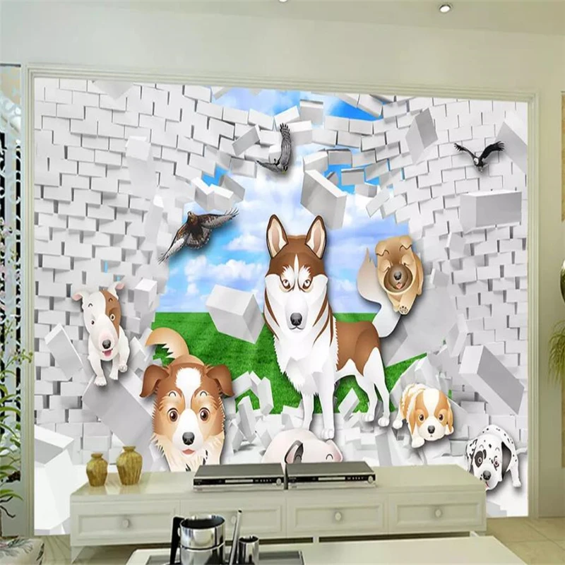 

Decorative wallpaper pet dog, broken wall, 3D background wall