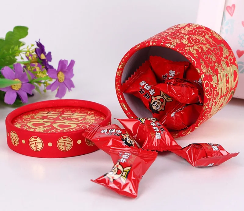 300pcs Traditional Chinese Red Bronzing Candy Box Cylinder Paper Wedding Favors Gift Box lin4030