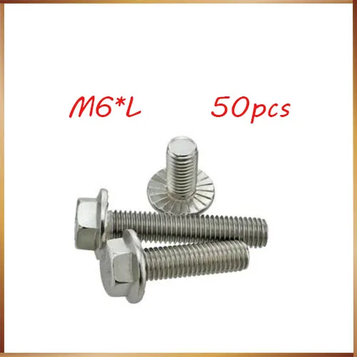 bolt 50pcs/lot DIN6921 M6 Bolts Stainless steel hex flange tornillos serrated flanged bolt M6*8/10/12/16/20/25/30/35/40/45/50