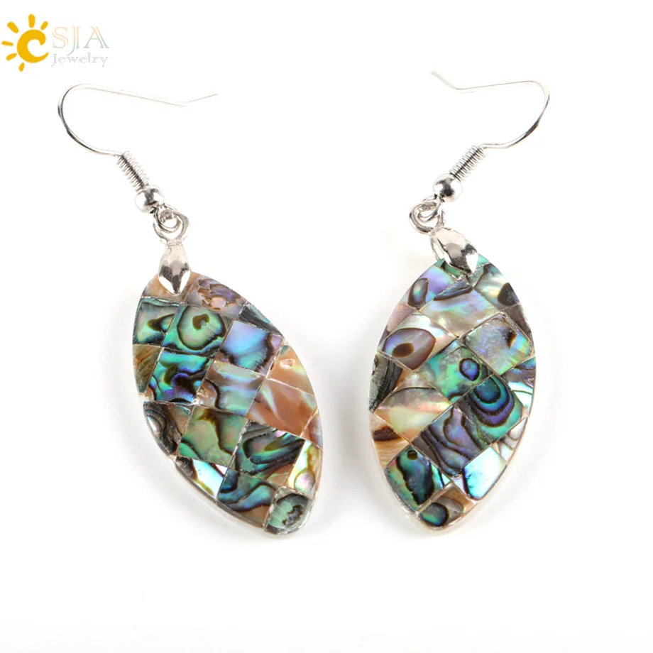 CSJA Natural Dangle Hook Earrings Paua Abalone Shell Bead Pendant New Zealand Olivary Earring Women Hanging Fashion Jewelry E357