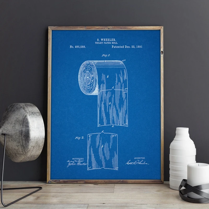 Toilet Paper Patent Vintage Poster Bathroom Wall Art Prints , Roll of Toilet Paper Blueprint Canvas Painting Wc Sign Home Decor