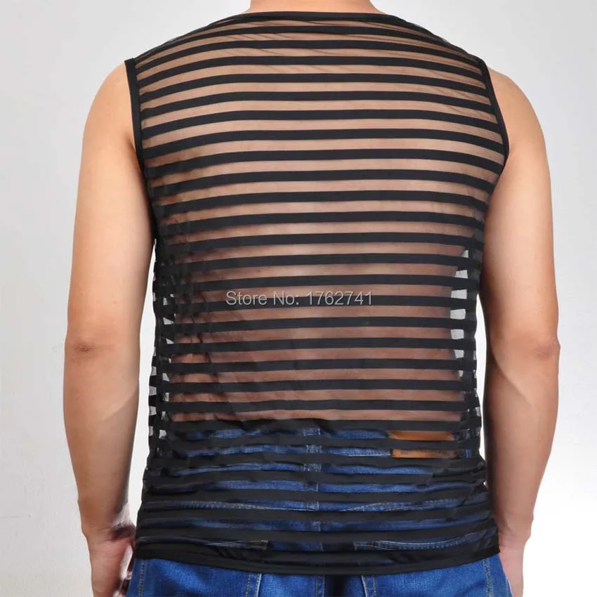 Fashion Men Mesh Stripe Vest  Male Shirt Undershirts See Through Underwear Tank Top Organza Shirt