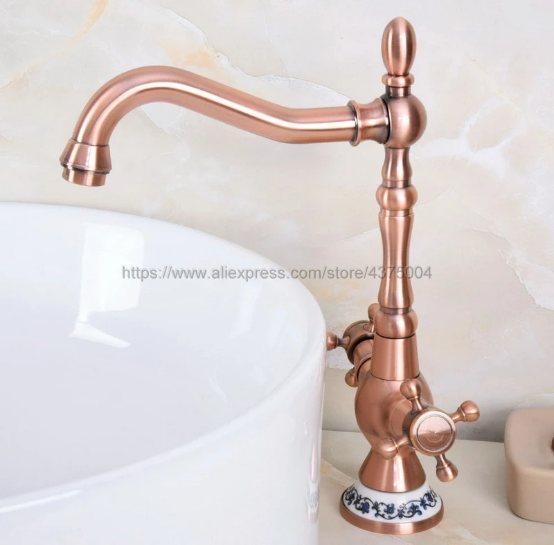 New Antique Red Copper Bathroom Sink Faucet Spout Double Cross Handle Bath Mixer Hot and Cold Tap Nnf614