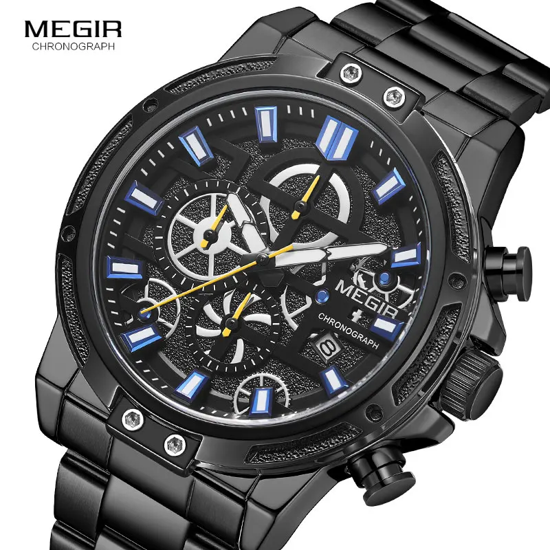 MEGIR 2019 Men\'s Business Quartz Watches Army Sports Chronograph Wristwatch Man Top Brand Luxury Relogios Masculinos 2108 Black