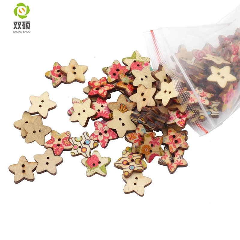 ShuanShuo Colorful Mixed 18mm 5-Pointed Star Wood Buttons DIY Decorative Buttons Children's Hand-Painted Wooden Buttons50PCS/Bag