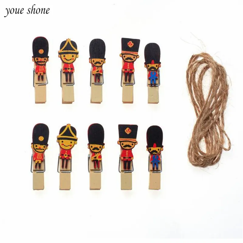 

10Pcs/Lots Cartoon Cute Charming Little Guard Wooden Clip For Photo Walnut +1.4m Hemp Rope YOUE SHONE