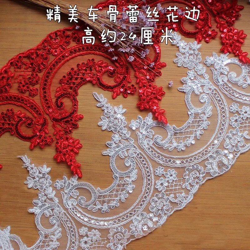 3Y/6Y 24cm Width Off White Red Sequin Black Beautiful Embroidery Wedding Lace Applique Trim Lace Fabric DIY Craft Wholesale