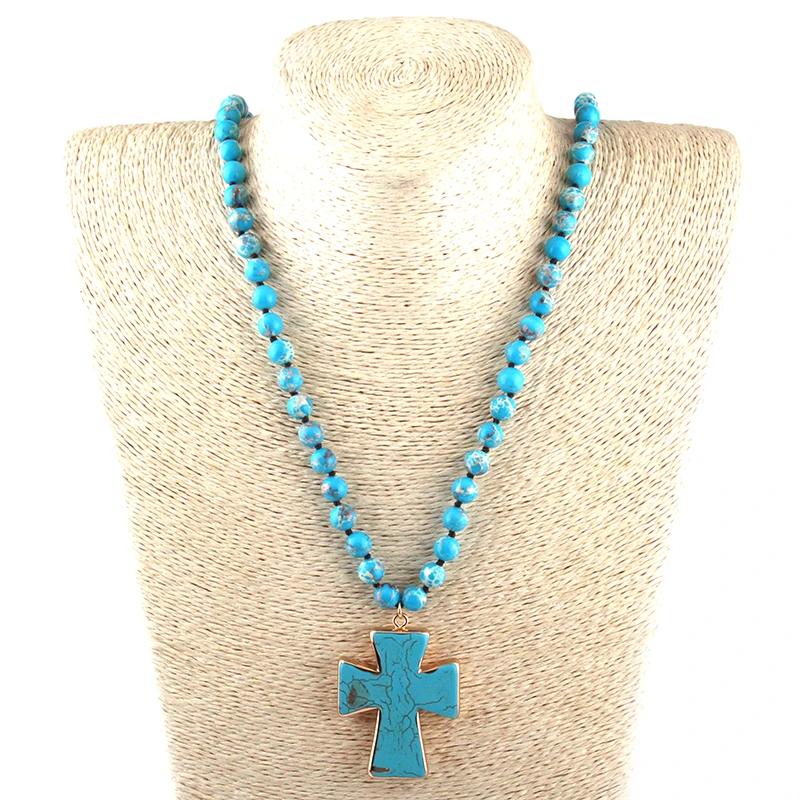 Fashion Natural Semi Precious Blue Empire Stone with cross charm Drop Pendant Handmade Necklace Women Jewelry