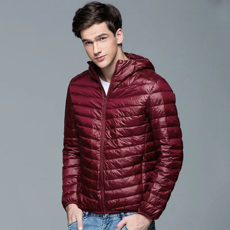 0-10 ℃ Mężczyźni Płaszcz zimowy Moda Kurtki puchowe z kapturem Ultralekki puchowy płaszcz puchowy Przenośne smukłe parki z wypełnieniem z piór 5XL