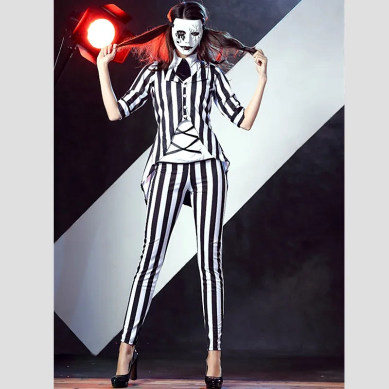 

Sexy New Halloween Masquerade Women Gothic Devil Cosplay Costume Stripe Magician Bodysuit Zombies Clowns Costumes