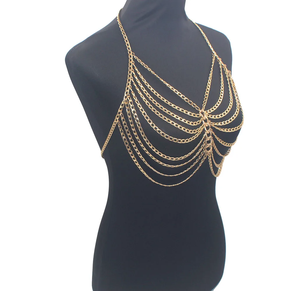 Sexy Bikini Chainmail Tops Harness Bra Body Chest Chain Gold Color Body Jewelry Boho Necklace Girls Gift BY147-1
