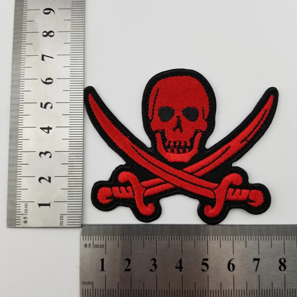 Red Pirate Sword Skull Vest Rider Embroidered Iron On Front Biker Patch Black twill fabric Free Shipping DIY Eco-Friendly