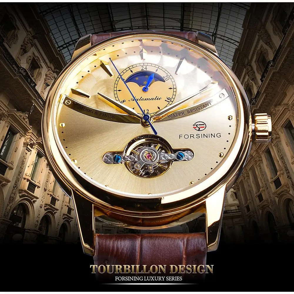 Forsining Automatic Watch Men Moon Phase Golden Skeleton Mechanical Male Watches Casual Brown Leather Band Horloges Mannen Clock