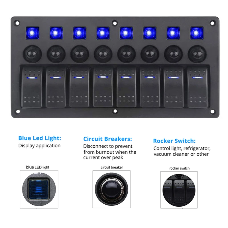 8 Gang Rocker Switch Panel For Jeep Boat Marine Car 12V 24V Waterproof On-Off 5pin 12v Led Panel Switch With Sticker Set