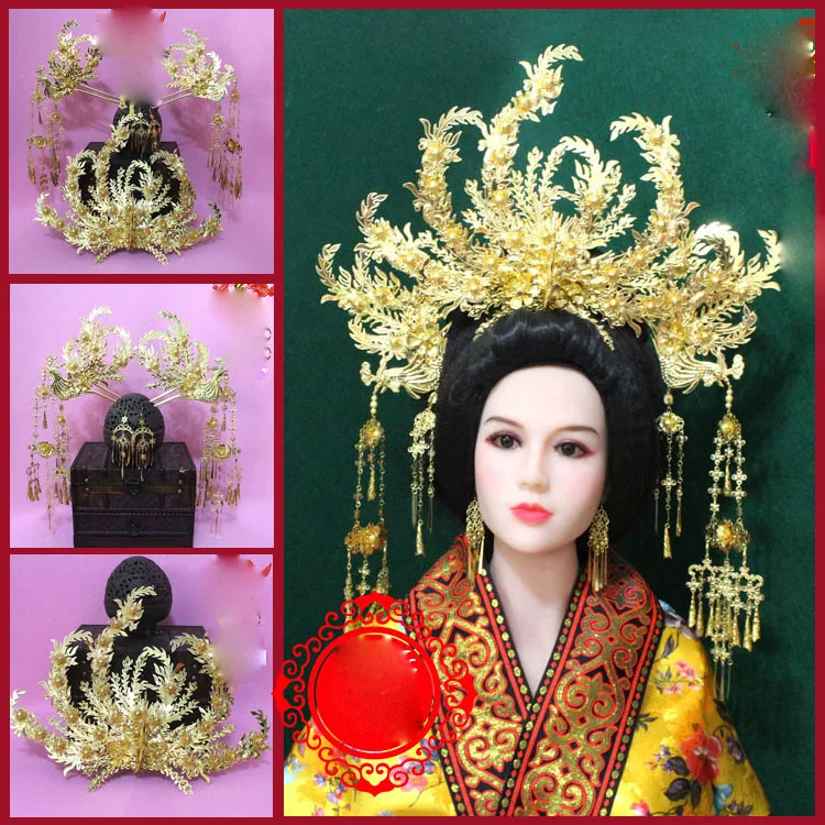 

A245 Imitate Wire Inlay Golden Phoenix Tiara Long Tassel Hair Tiara for TV Play The Secret History of Concubine Yang YuHuan