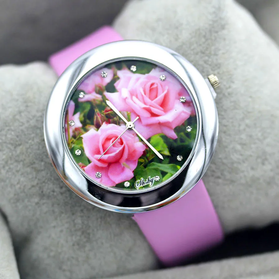 Shsby Brand flowers Leather Strap Watches Women Dress Watch girl Casual Quartz wristwatch Lady Rhinestone Quartz bracelet Watch