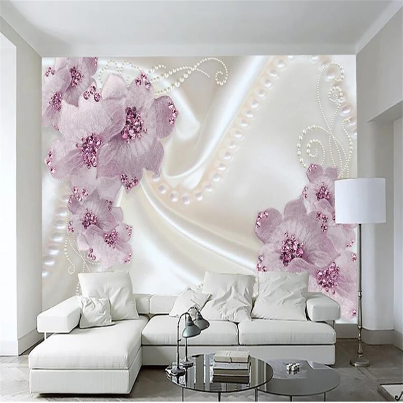 Custom Romantic Pearl Jewelry Flowers Parquet 3D Wall Paper - TV Contracted Mural Home Decor Simple Floral Design