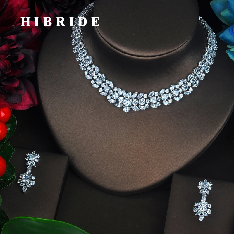 

HIBRIDE Luxury Elegant Full CZ Stone Bridal Jewelry Sets For Women 2 PCS Necklace Set Wedding Jewelry Dress Accessories N-380