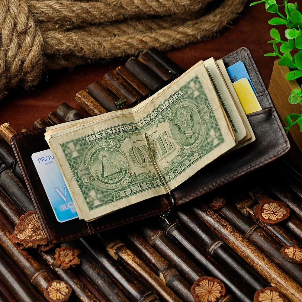 Genuine Leather Men Magnetic Money Clip Gift Wallet Card Photo Holder Case Design Front Pocket Wallet Mini Purse Male 1098-c