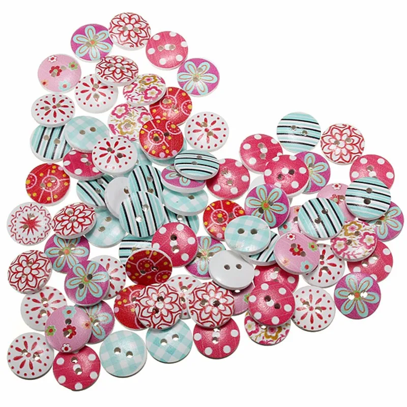 50 PCS 15mm Mixed Round Retro Floral Printing Pattern 2 Holes Wood Decorative Button For DIY crafts Wedding Decor Accessories