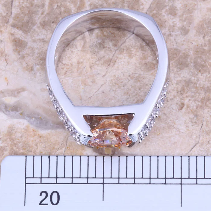 Delightful Champagne Morganite White CZ Silver Plated  Women's Jewelry Ring Size 5 / 6 / 7 / 8 / 9 R1504