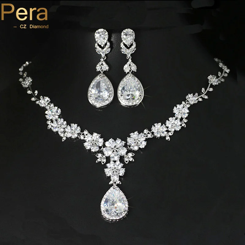 Pera Sparkling Cubic Zirconia Long Dangle Big Flower Drop Shape Pendant Necklace And Earrings Set For Women Wedding Party J040