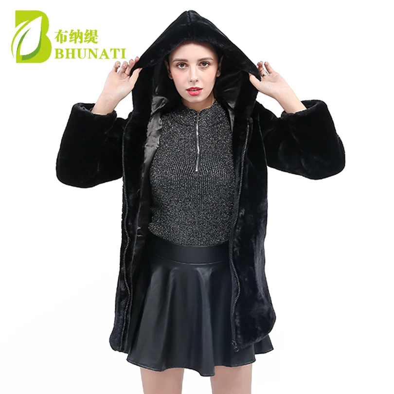 New Women Jacket Faux Mink Fur Hooded Fashion Temperament Winter Thick Warm Long Sleeve Black Faux Fur Overcoat Female