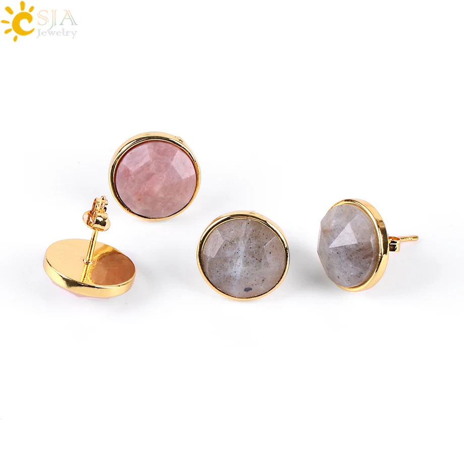 CSJA Femme Gold Color Round Stud Earrings Natural Gem Stone Green Black Red Earring Lapis Lazuli Pink Crystal Beads Jewelry E597