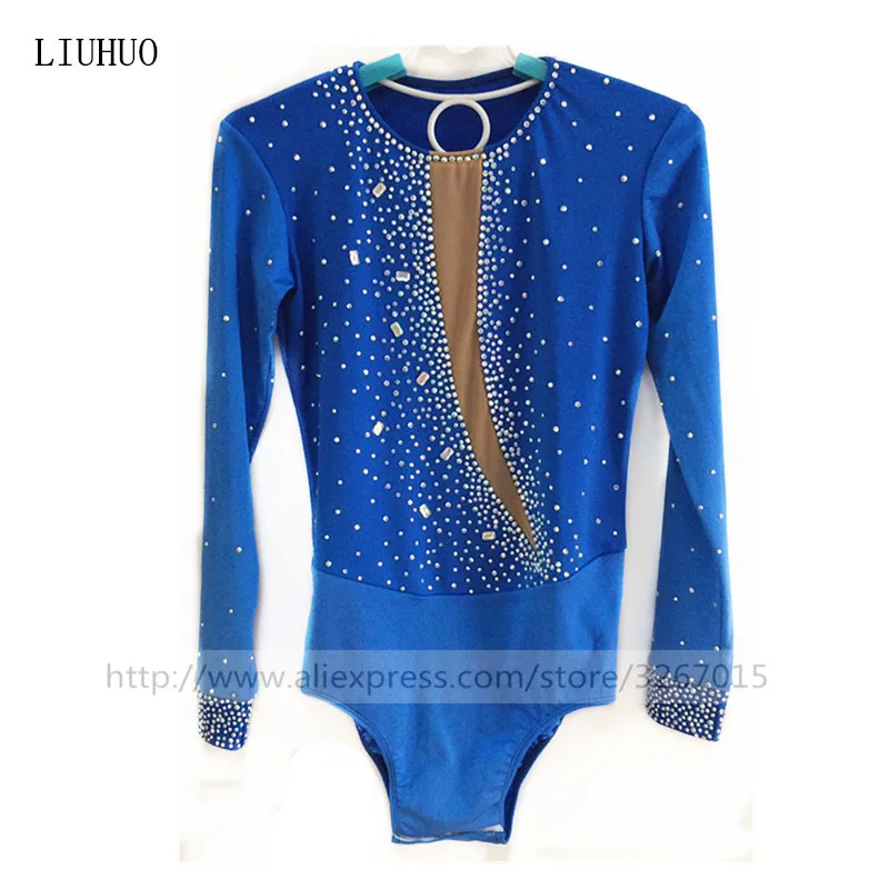 LIUHUO Ice Figure Skating Top Men\'s Boys\' Shirt Blue Spandex Rhinestone High Elasticity Performance Wear Handmade Costume Dance