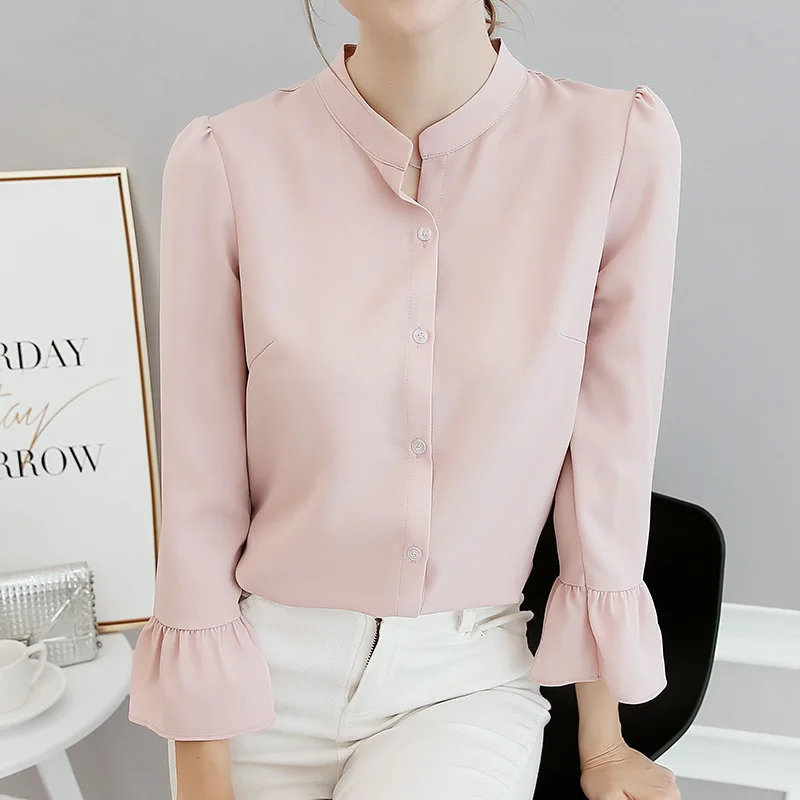 New Spring Summer Women Chiffon Shirt Fashion Long Sleeve Pure Color Office Ladies Blouses Slim Leisure Female Top Shirts H9115