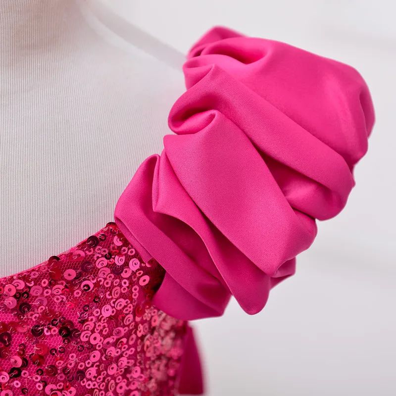 Linia Hot Pink Ruffles Organza Seuqins z krótkim rękawem długie wesele dzieci suknie pierwsza komunikacja sukienka kwiat sukienki dla dziewczynek