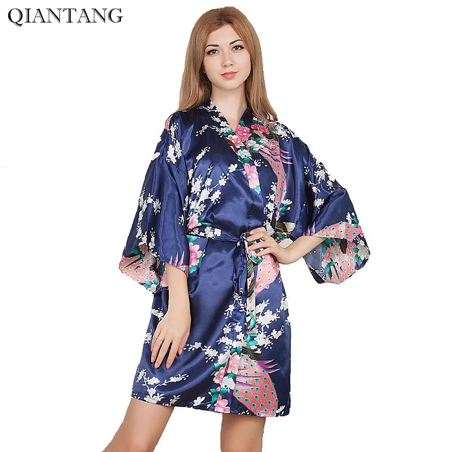 

Summer Wedding Bride Bridesmaid Dressing Short Night Robe Navy Blue Women Mini Kimono Faux Silk Bath Gown Nightgown One Size