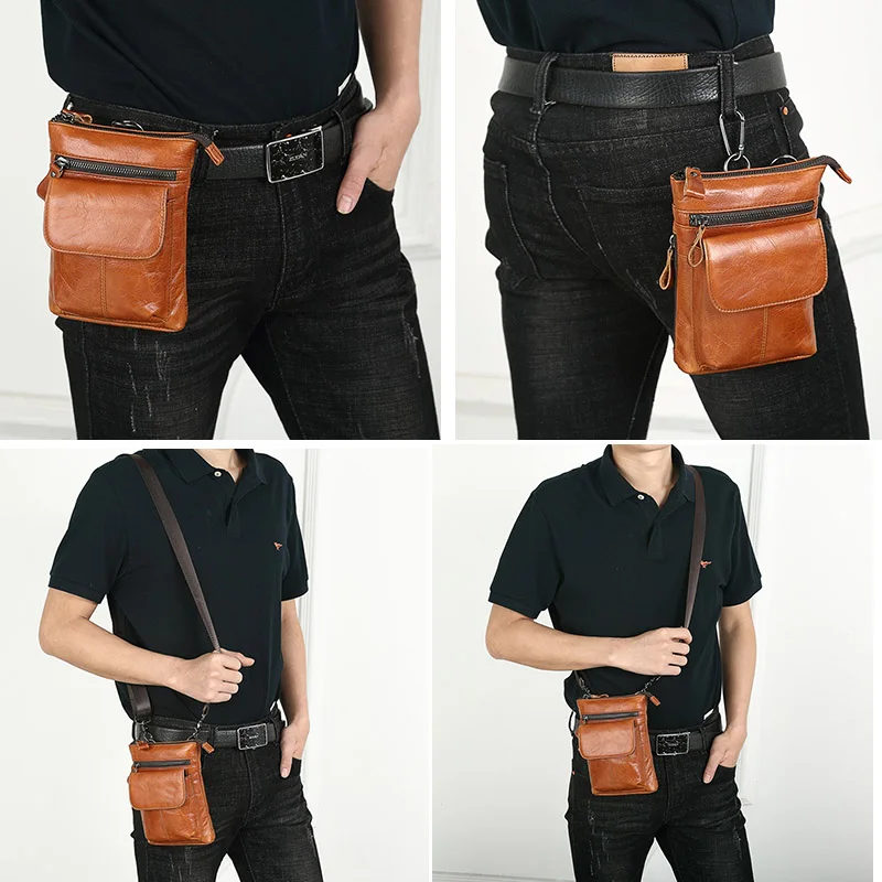 Men Genuine Leather Waist Packs Fanny Pack Belt Bag Phone Pouch Mini Travel Chest Bag Male Small Crossbody Bag Leather Pouch