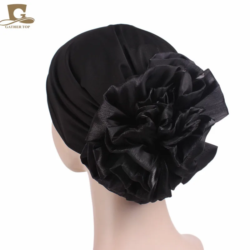 Women\'s Hijabs Big Flower Turban Hair Accessories Elastic Cloth Hair Bands Hat Beanie Ladies Muslim Solid Hair Loss Scarf Cap