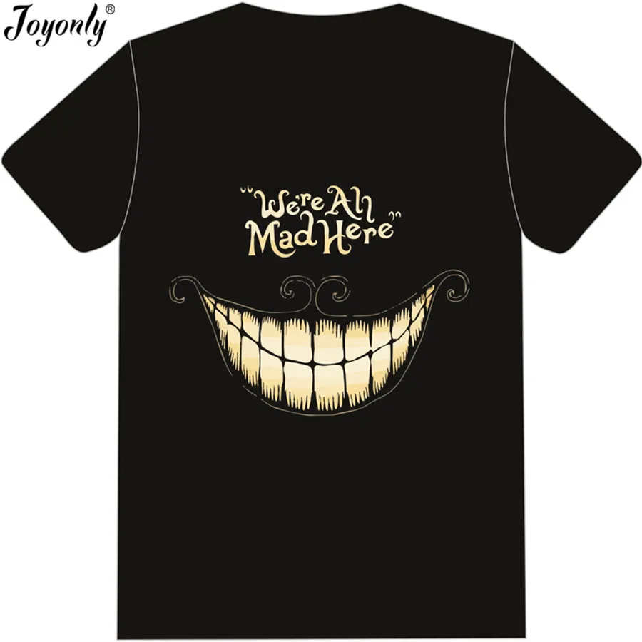 Joyonly 2018 Summer Boys Girls Black T-shirt We're All mad Here Letters Printed Cheshire Cat T Shirt Children Vintage Tee Shirt