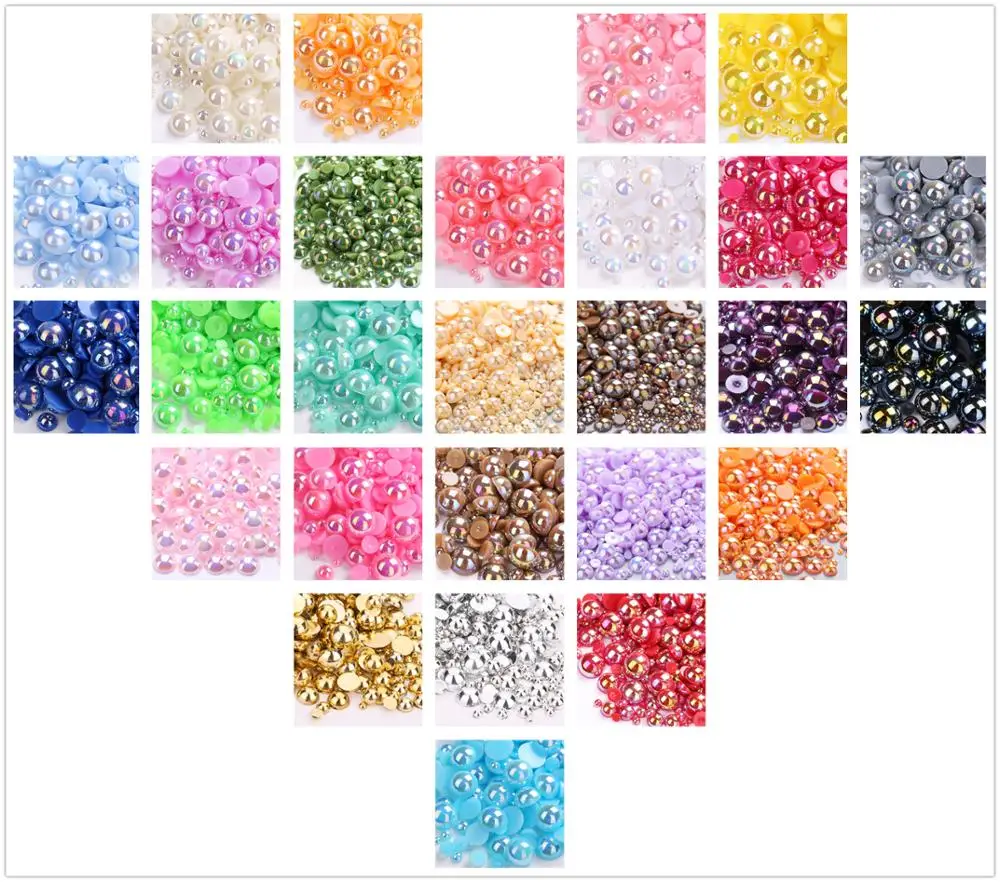 28colors Mixed Size 3-10mm AB Color Half Round Acrylic Imitation Flatback Pearl Beads for Jewelry /Nail Art /Phone 1000pcs /lot