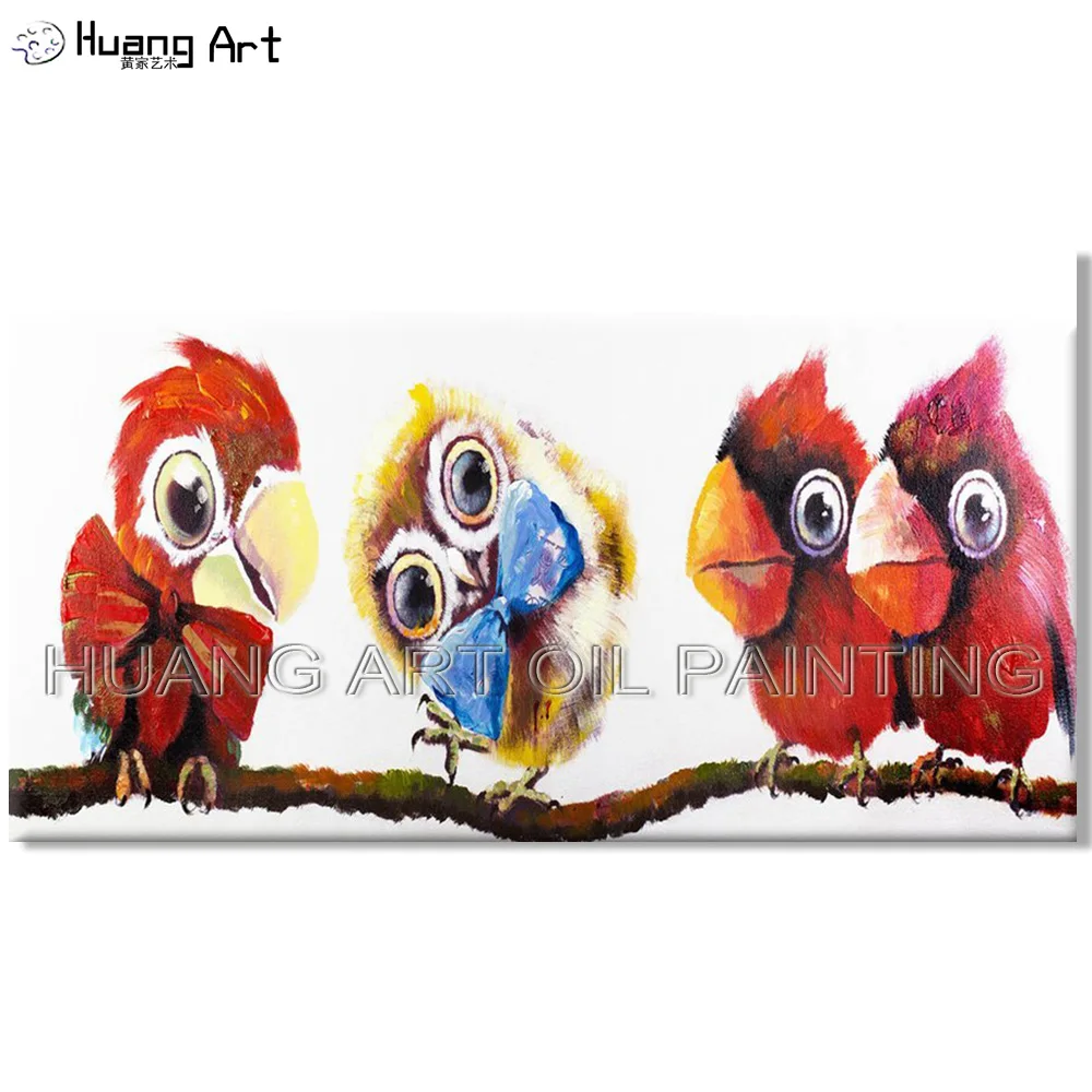 

Funny Designed 4 Birds Friend Oil Painting on Canvas Artist Hand Painted Funny Dancer Birds Animal Oil Painting for Living Room