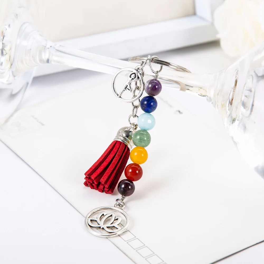 Chakra Sleutelhanger Kleurrijke Steen Kralen 7 Chakra Yoga Fitness Sleutelhangers Lotus Kwast Sleutelhangers Mode Sieraden