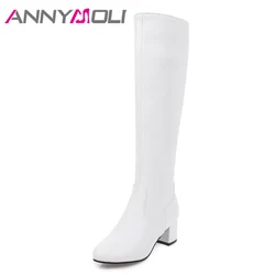 ANNYMOLI Knee High Boots Winter Women Shoes Zipper High Heel Tall Boots Sewing Thick Heel Ladies Boots New Black Big Size 33-43