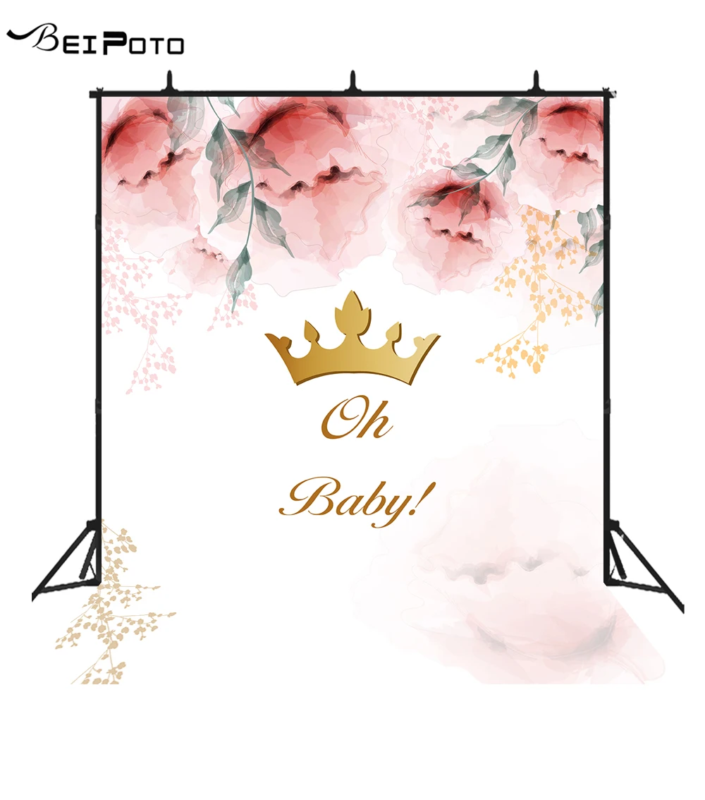 

Baby shower Pink flower floral backdrop for photography dessert table gold crown photo background photo booth prop studio B117