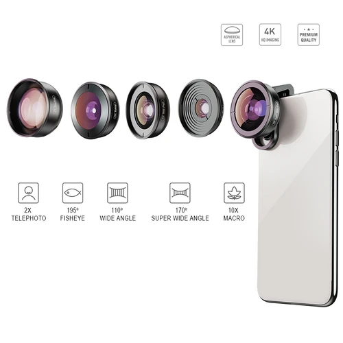 Imagen 2 del producto APEXEL-kit profesional 5 en 1 de lente de cámara de teléfono, lente super ojo de pez, telescopio macro ancho 4K HD, para iPhone y Samsung, todos los teléfonos inteligentes