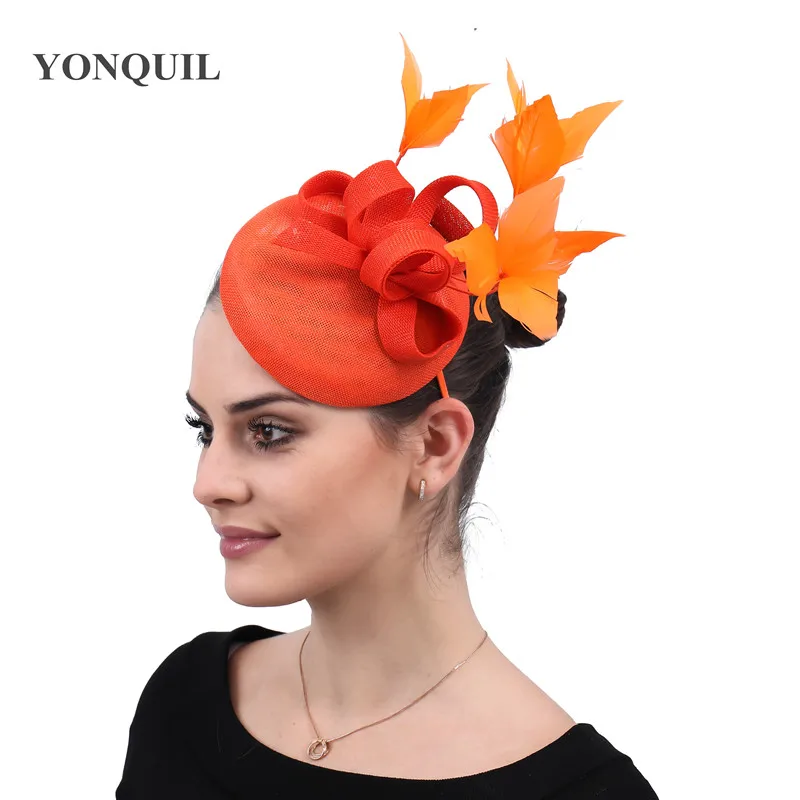 New Women Orange Fascinator Fashion Ribbons Female Wedding Party Fedora Hat Penny Mesh Featehrs Hats Amazing Accessories SYF570