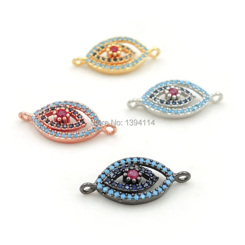 20*9*3mm Micro Pave Red&Blue&Kalaite CZ Combination Connector Of 2 Similar Eyes Fit For Women As DIY Bracelets Accessory