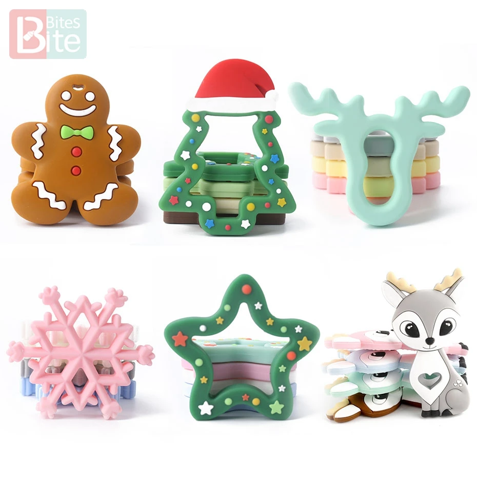 Bite Bites 1pc Silicone Teether Christmas Gifts Tree Snowflake Pacifier Chain Making Food Grade Silicone Sika Deer Baby Teether